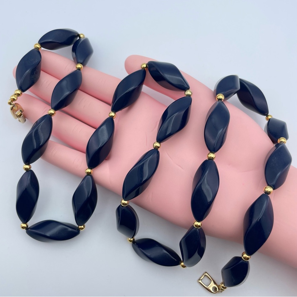 Vintage Napier Navy Blue Twisted Bead Necklace – Gold-Tone Accents – 31.5” Long